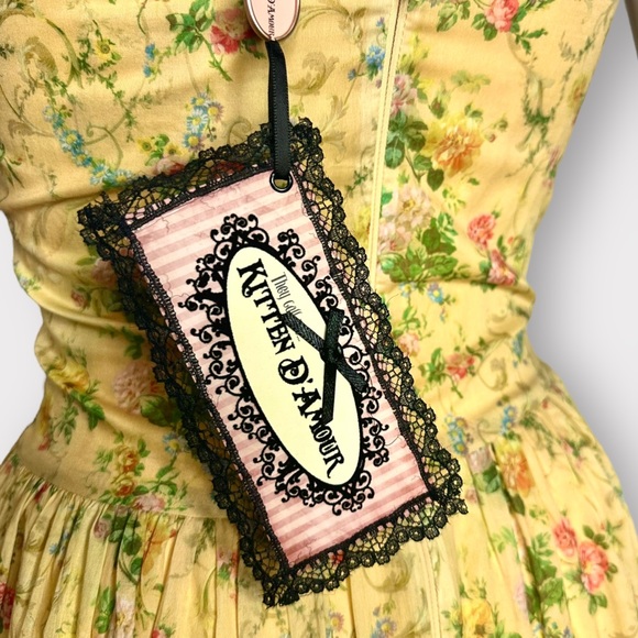 Kitten D’Amour Cottage Core, Fairy, Yellow Floral, Pink Lace Bow Dress - Picture 10 of 11